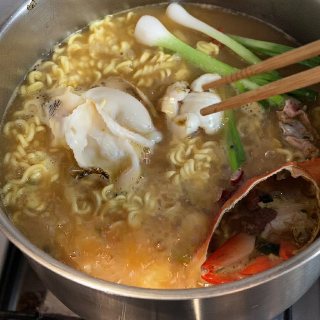 Scallions, sliced abalone, and beef slices being mixed into the simmering noodle soup with chopsticks.