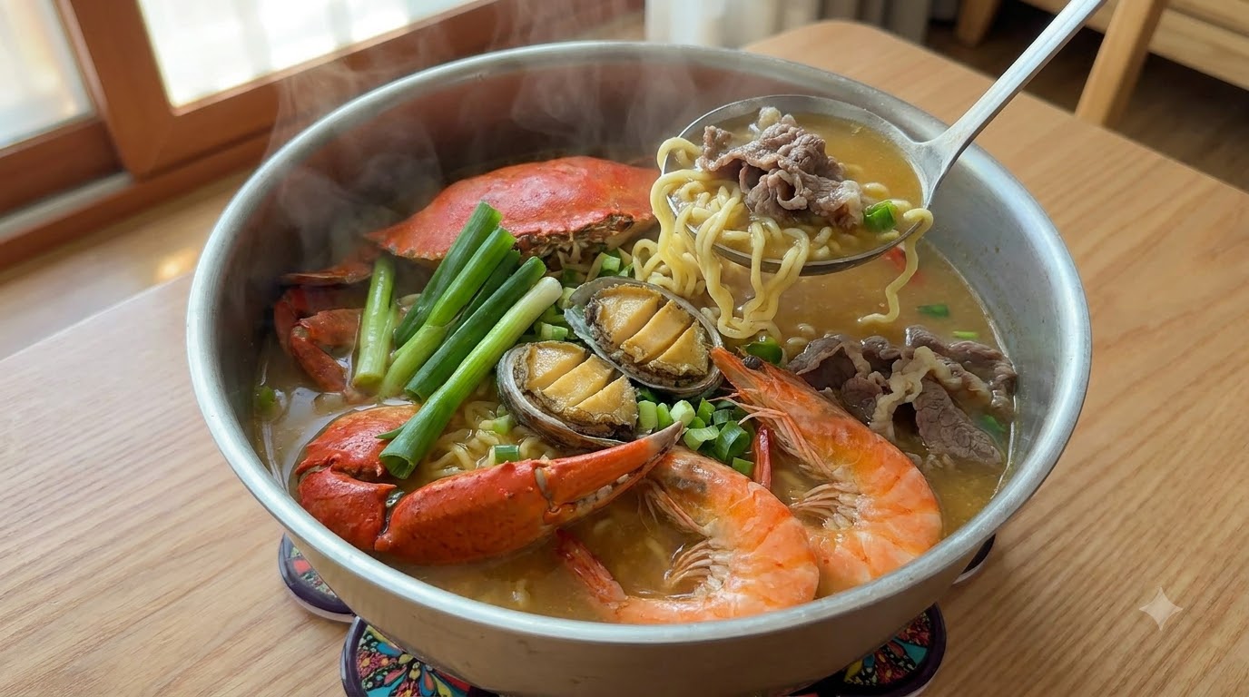A luxurious bowl of homemade seafood ramen loaded with fresh crab, prawns, abalone, and tender beef in a golden broth.