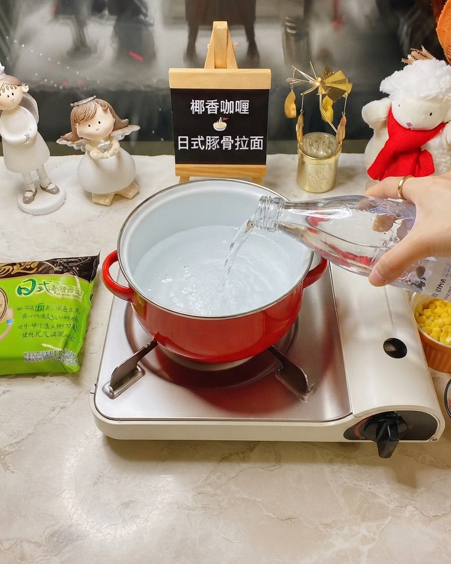 Water being poured from a clear bottle into a small red pot on a portable gas burner.