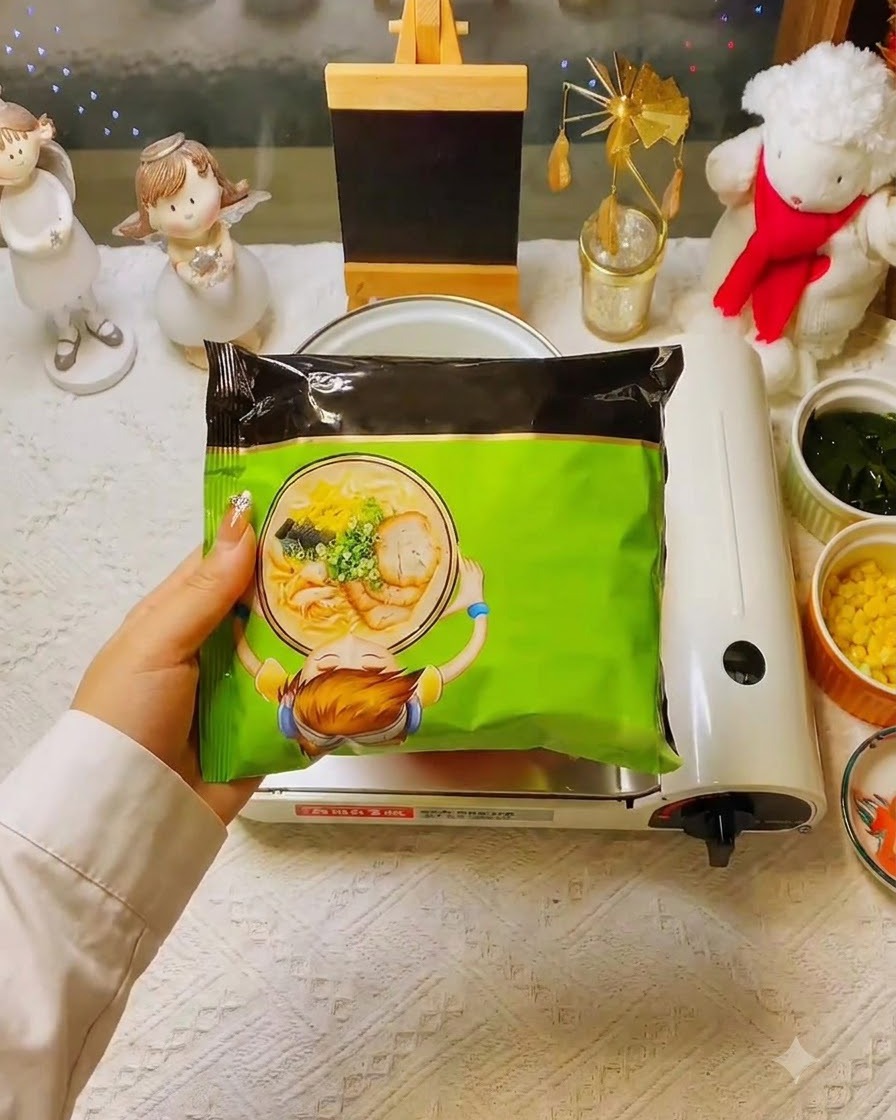 A hand holding up a green instant noodle package in front of a portable stove setup.