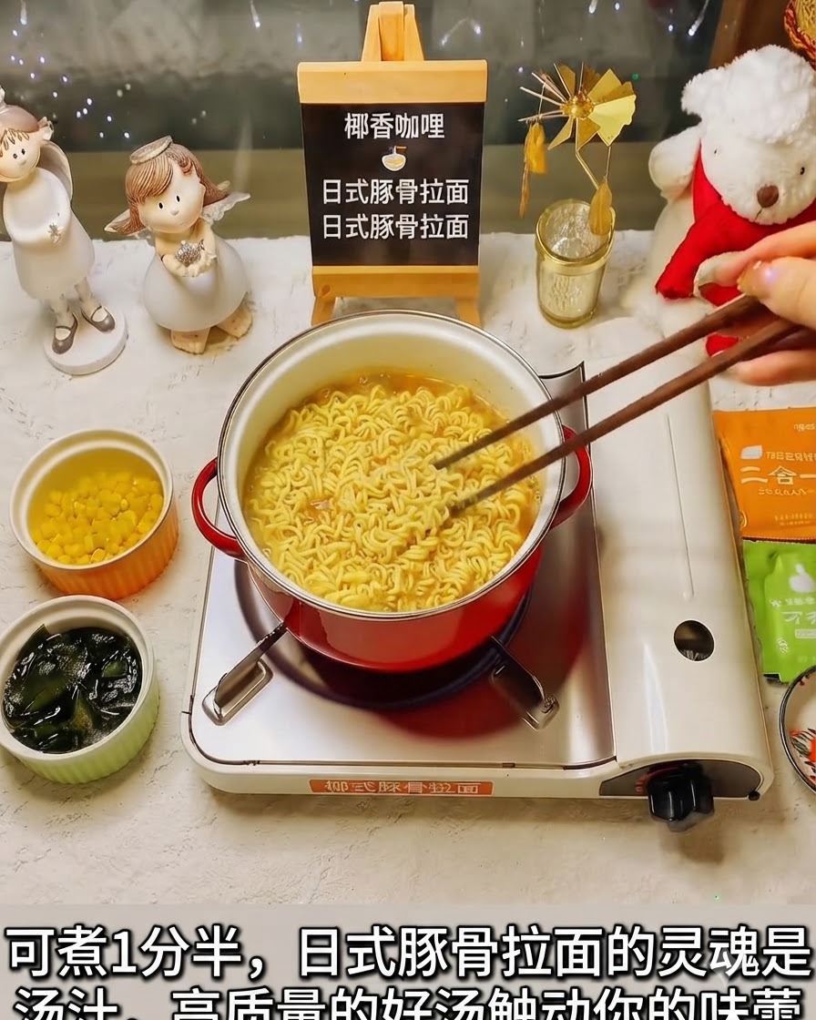 Chopsticks stirring yellow instant noodles boiling inside a red pot.