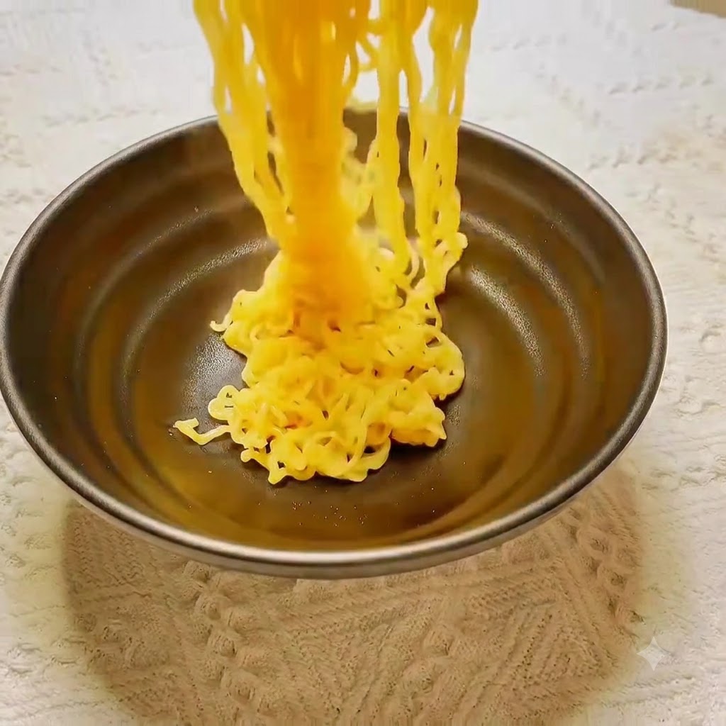 Yellow noodles being lifted with chopsticks and dropped into a dark ceramic serving bowl.