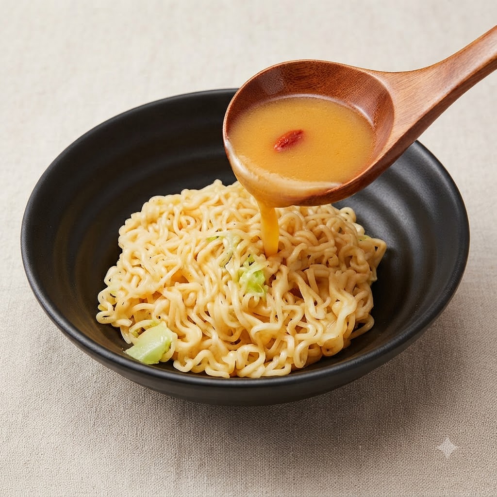 A wooden soup ladle pours seasoned broth from a pot directly onto a bed of cooked noodles inside a black ceramic bowl.