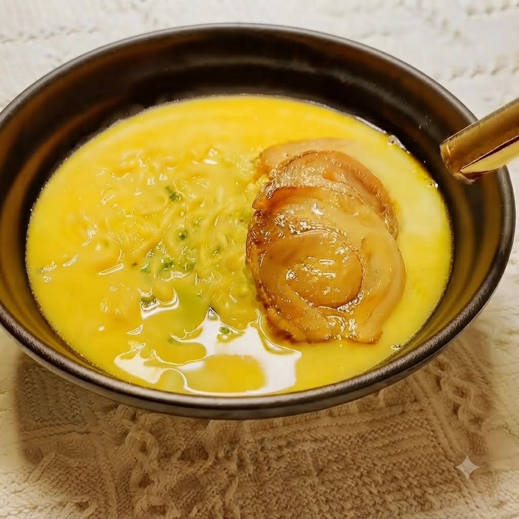 Slices of chashu pork in a noodle bowl being browned with a handheld culinary torch.