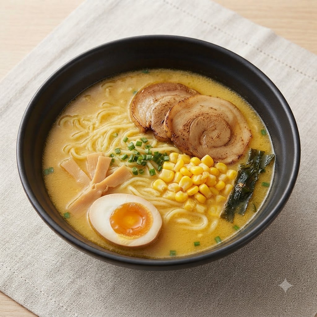 A wooden spoon adding yellow sweet corn kernels into a bowl of ramen.