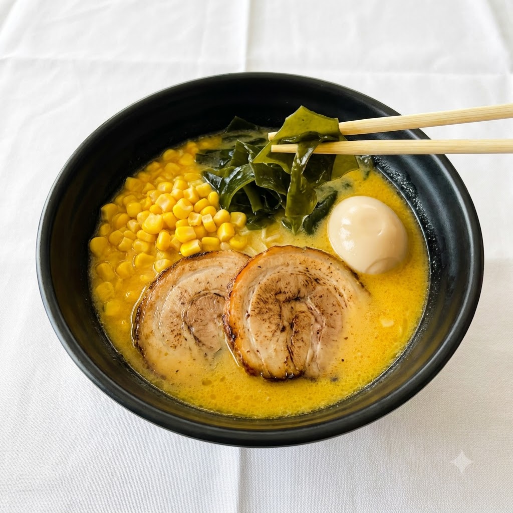 Chopsticks holding and placing dark green seaweed strips into a bowl of Japanese ramen.