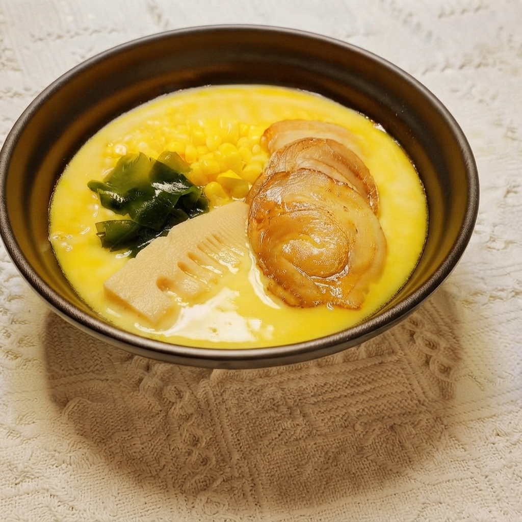 A slice of bamboo shoot being placed into a prepared bowl of ramen noodles.
