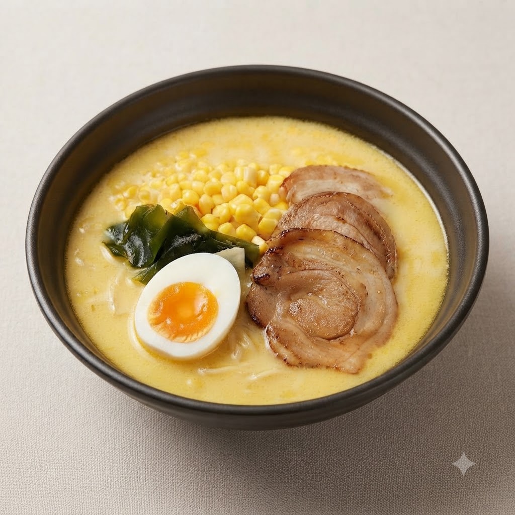 A halved soft-boiled egg with a bright, runny yolk placed on the side of a loaded bowl of ramen.