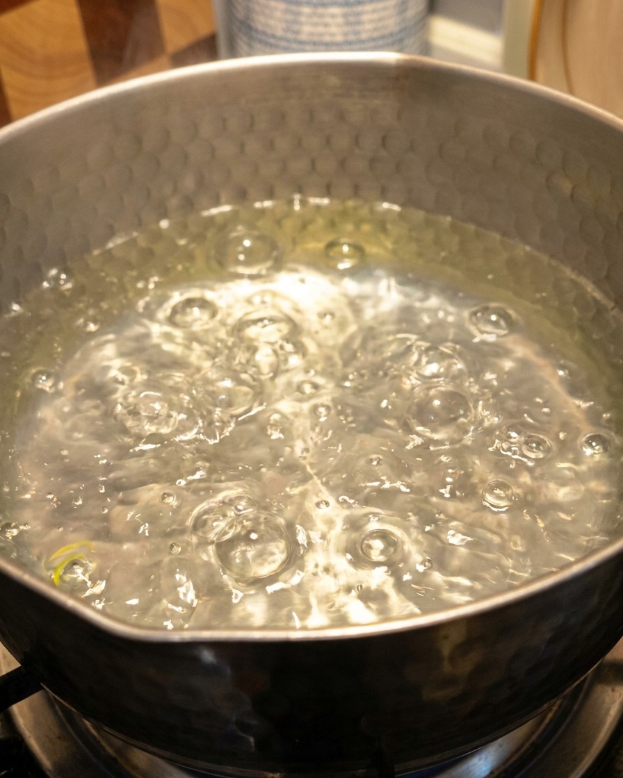 Green seaweed boiling in a pot of water.