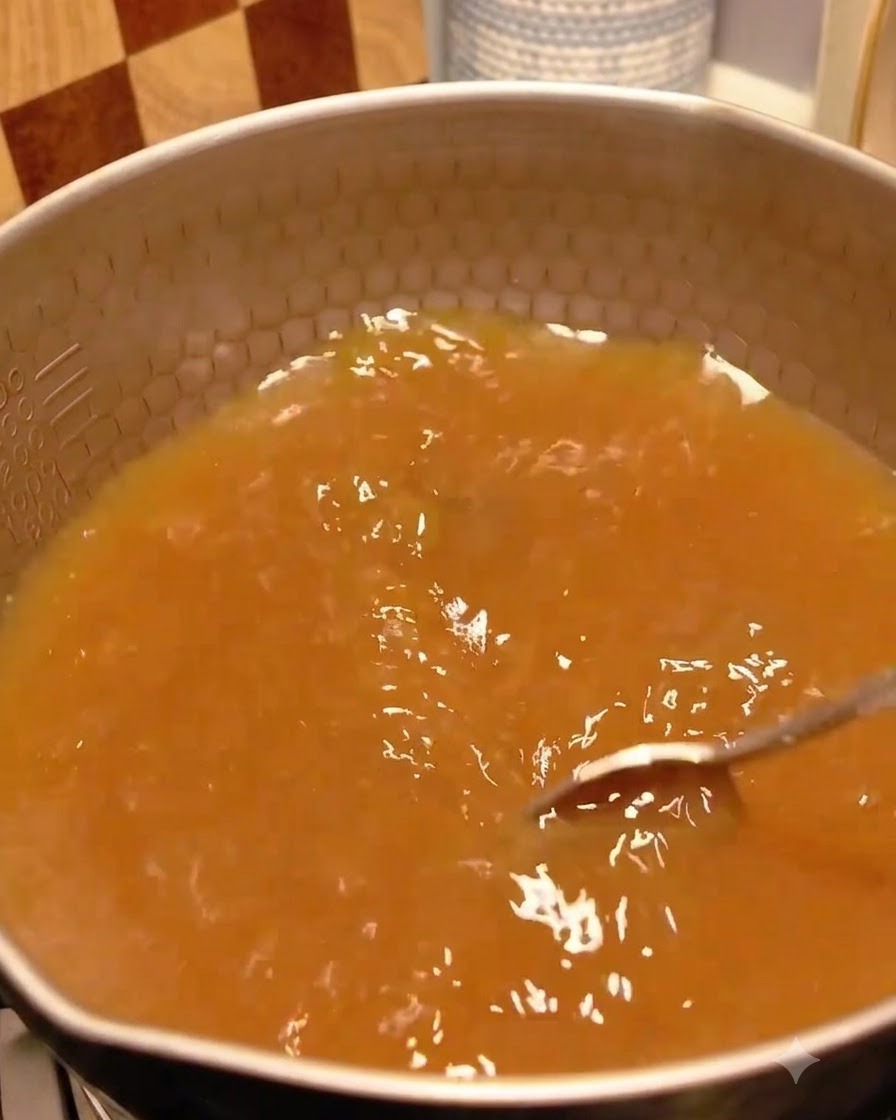 White sesame seeds falling into a pot of warm, bubbling miso broth.