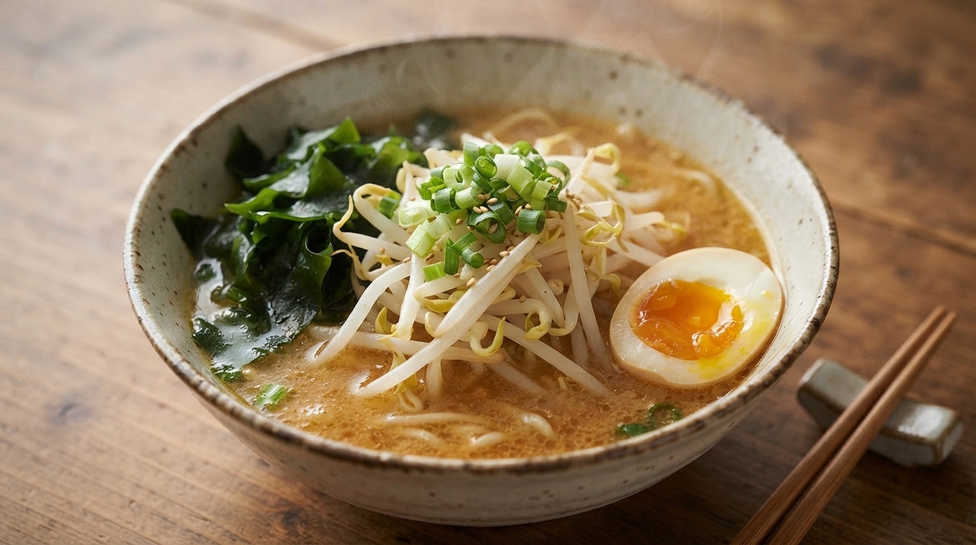 A steaming bowl of homemade miso ramen garnished with mung bean sprouts, green seaweed, and a soft-boiled egg.
