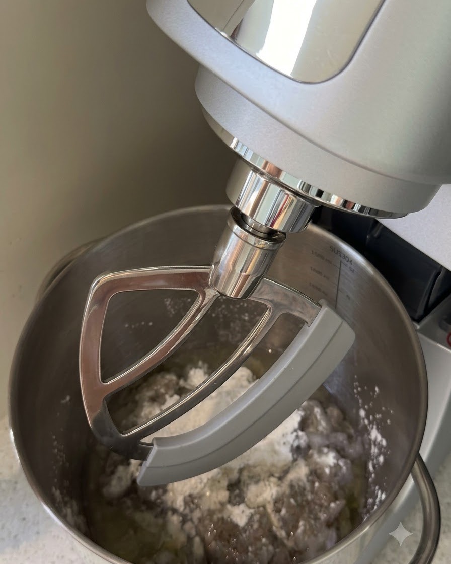A stand mixer with a paddle attachment mixing chopped shrimp, starch, and liquids in a stainless steel bowl.