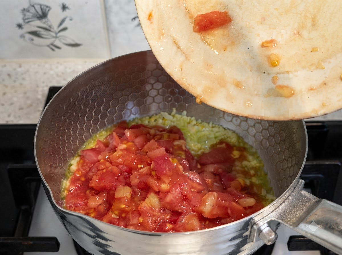 Sauce and clean water being poured into the pot containing sautéed tomatoes.