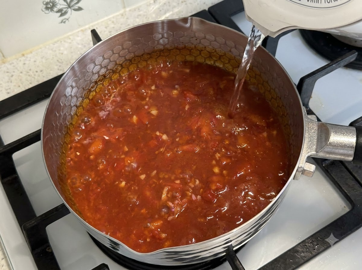 Udon noodles, vegetables, shrimp paste balls, and fatty beef being added to boiling tomato soup.