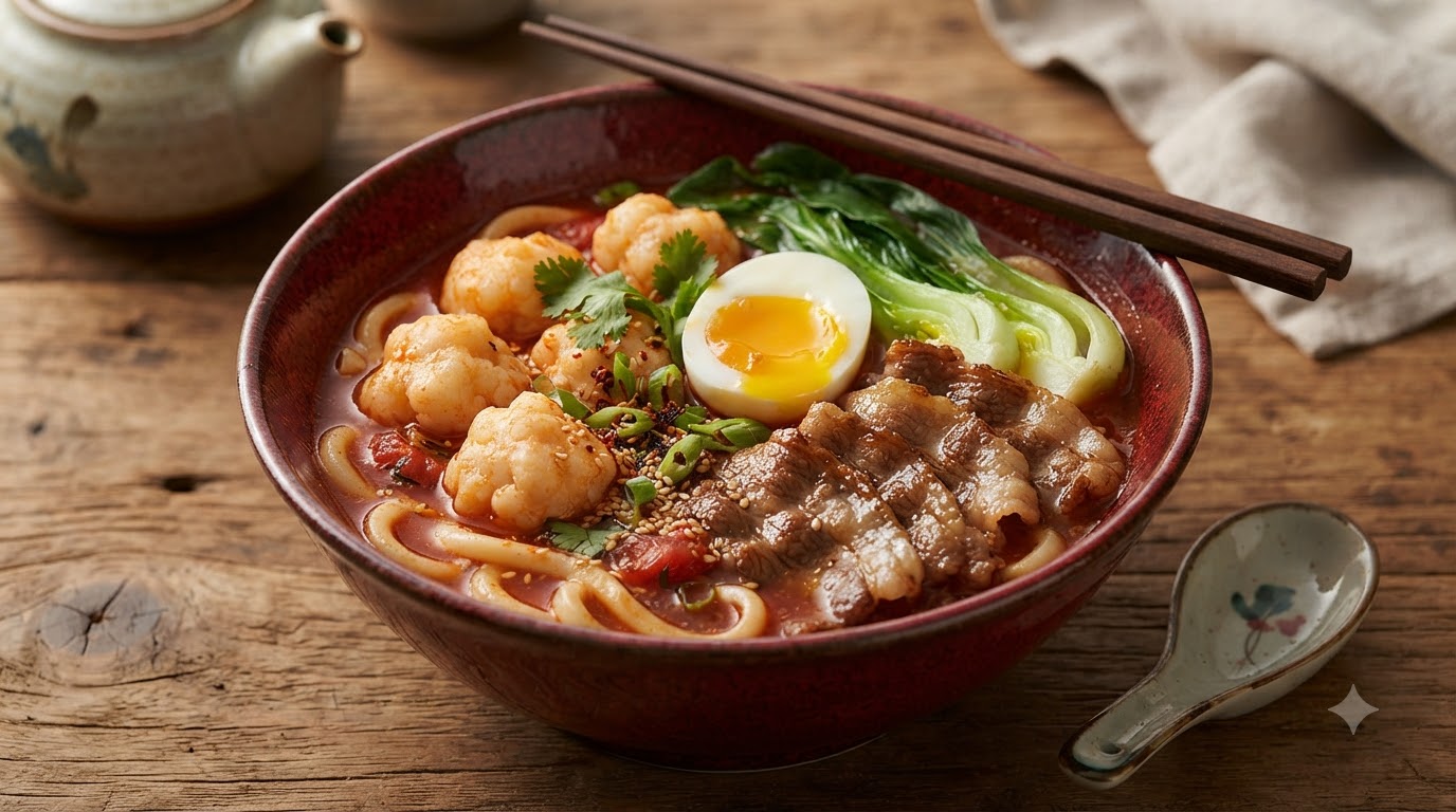 Tomato Beef Udon with Homemade Shrimp Balls