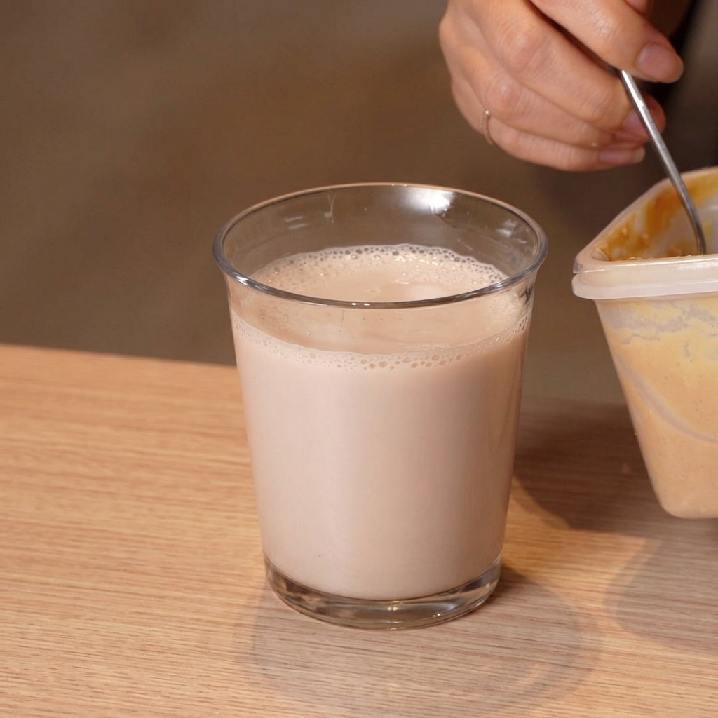 A spoonful of organic miso being stirred into a glass of multigrain soy milk.