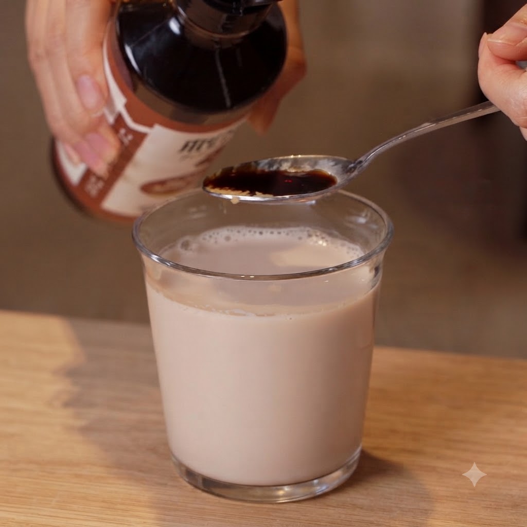 A splash of light soy sauce being poured from a bottle onto a spoon held over the glass of soy milk.
