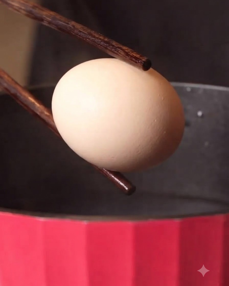An egg being held over hot water with wooden chopsticks.