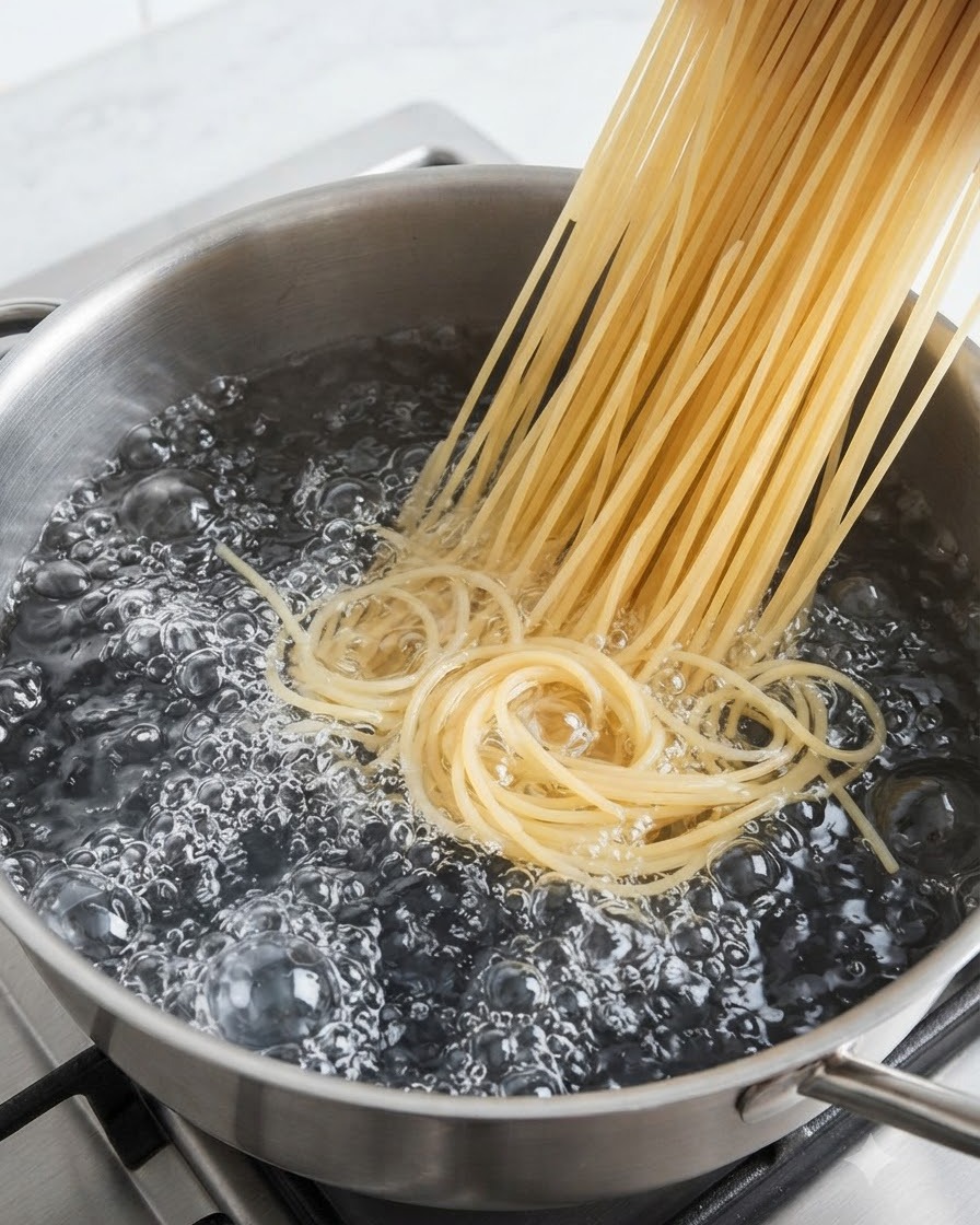 A bundle of fresh ramen noodles being lowered into a pot of vigorously boiling water with bubbles.