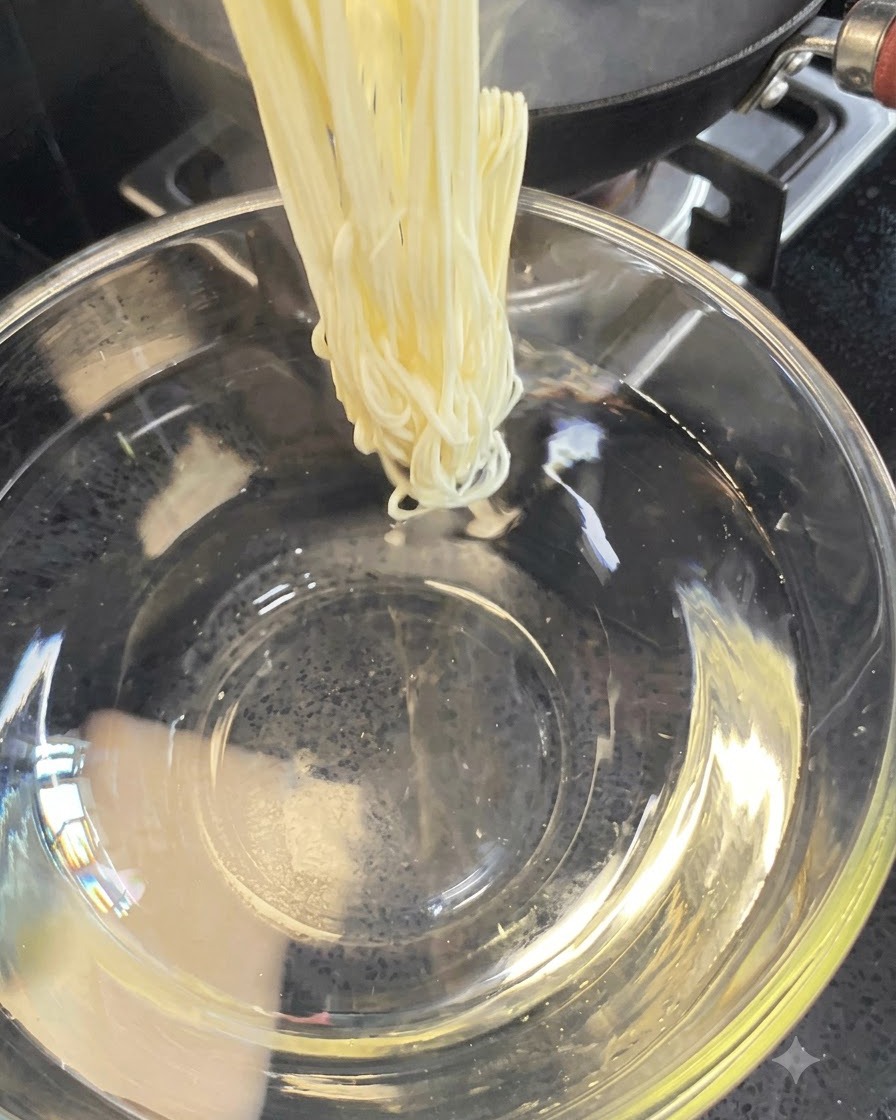 Cooked noodles being lifted out and placed into a bowl of cold water.