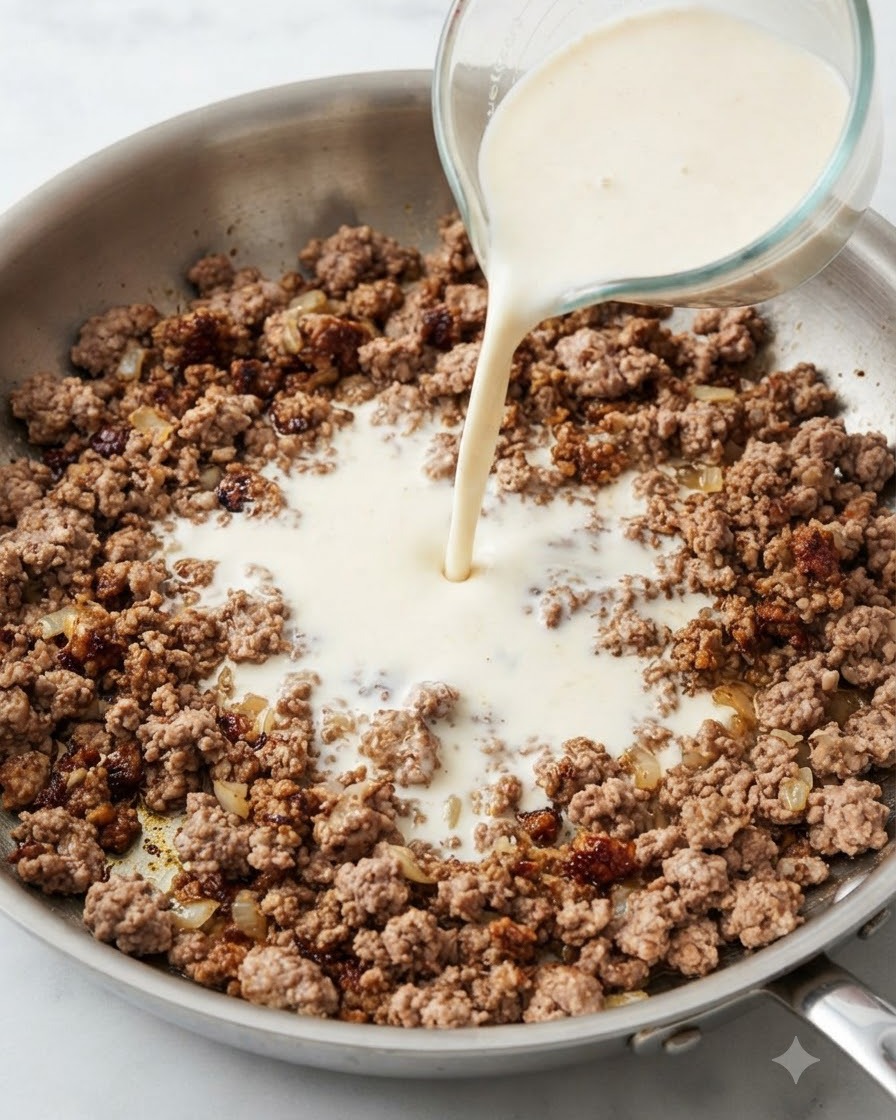 Pale yellow soy milk being poured from a glass measuring cup into a pan with cooked minced meat.