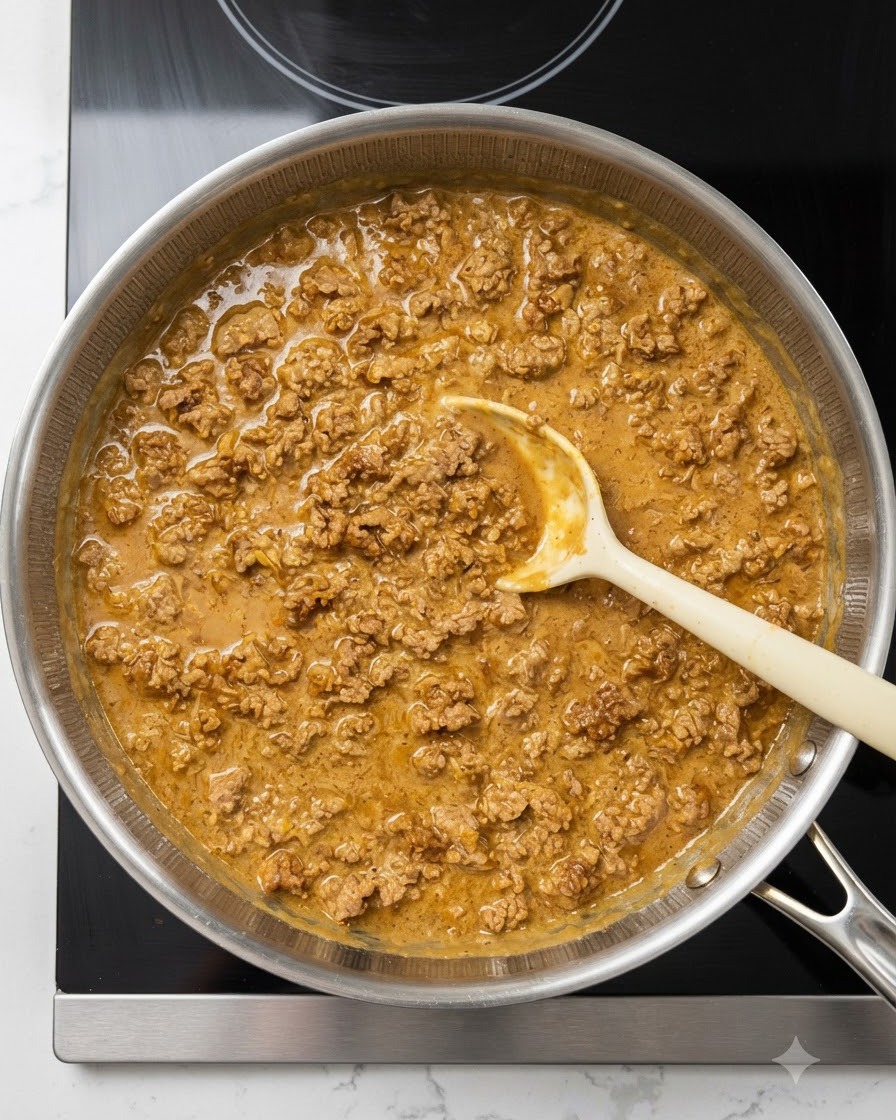 A light yellow spoon stirring a creamy, bubbling meat and soy milk sauce inside a stainless steel pan.