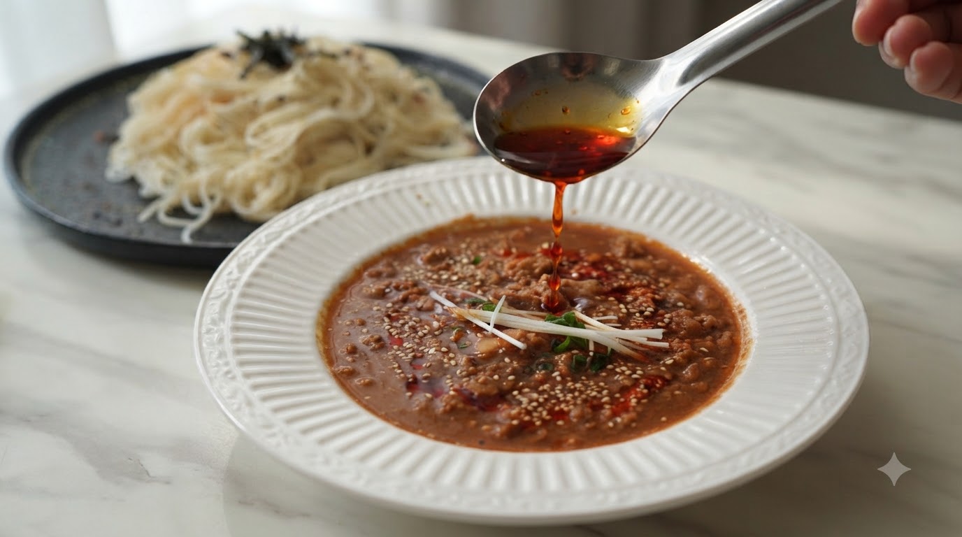 A spoonful of bright red chili oil being drizzled over rich miso bean milk meat sauce