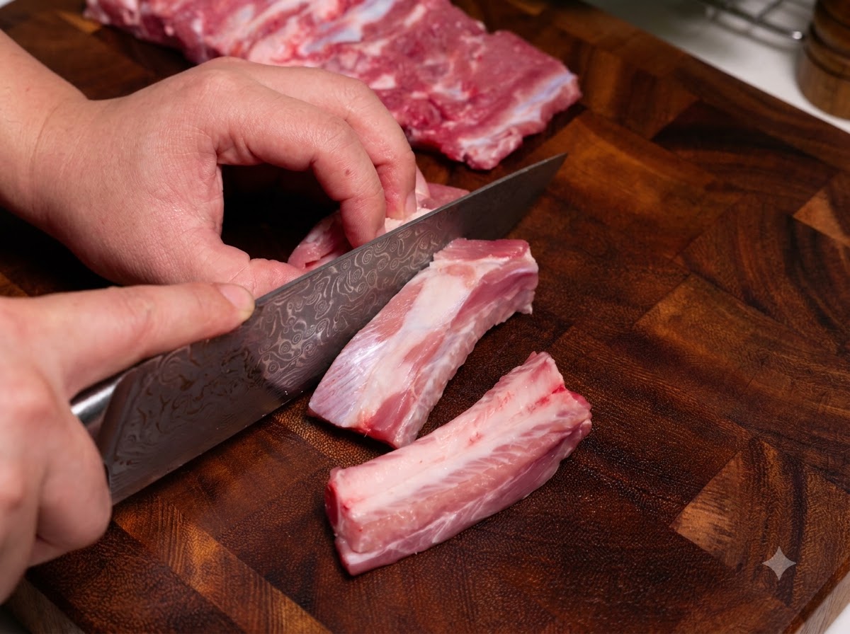 A sharp knife slicing raw pork ribs into smaller portions on a wooden cutting board.