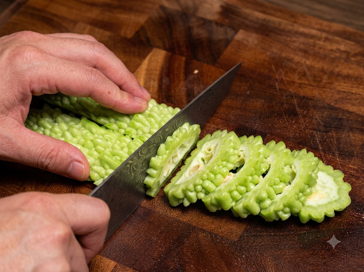 Green bitter melon being cut into thick slices on a wooden cutting board.