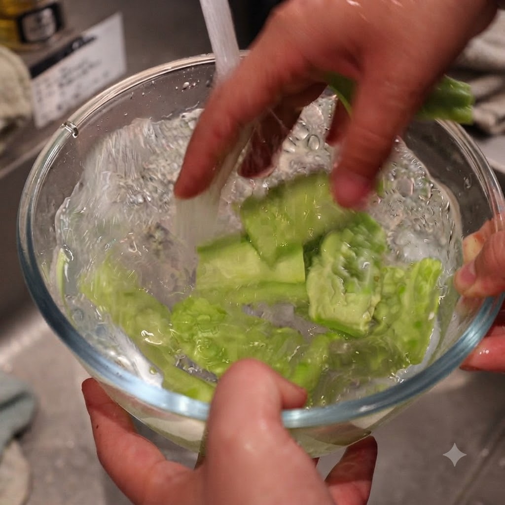 Hands washing bitter melon pieces in a glass bowl of water with salt.