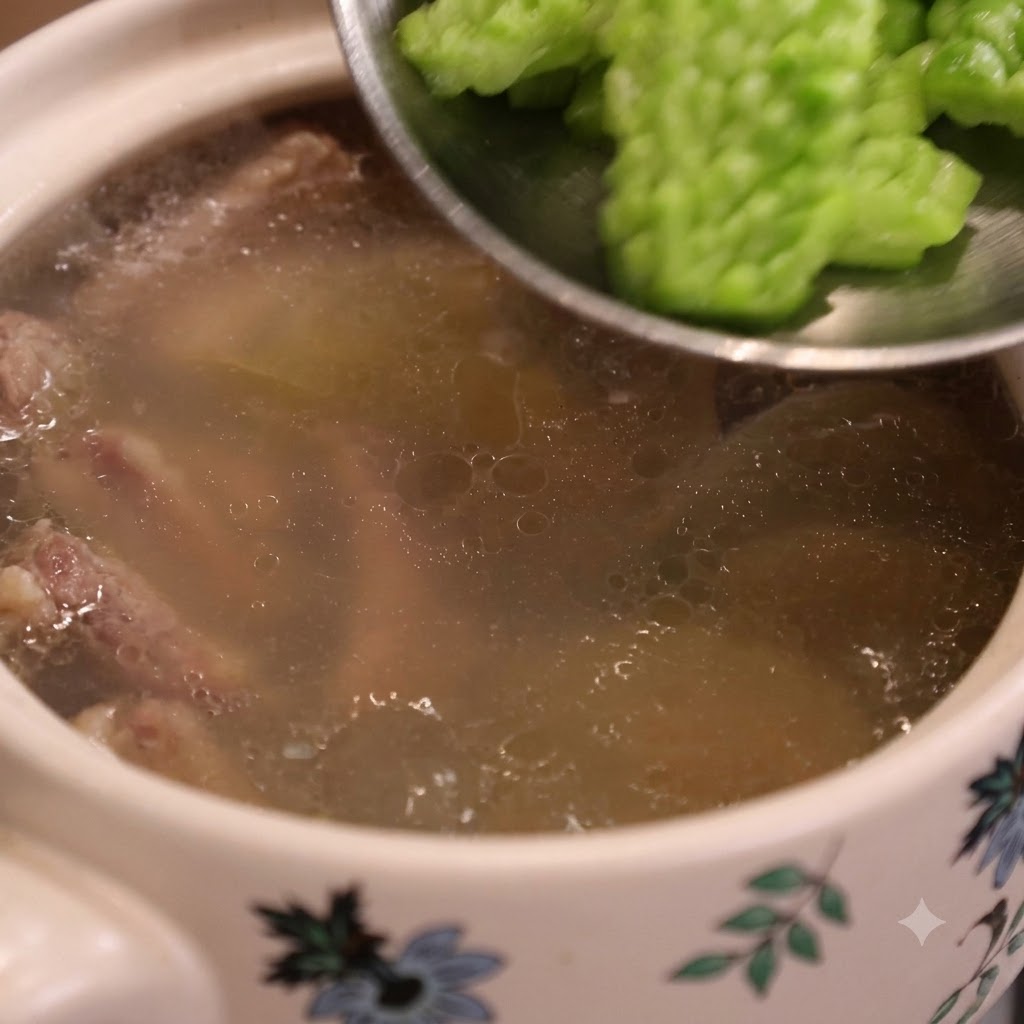 Green bitter melon slices being dropped from a spoon into a pot of simmering soup.