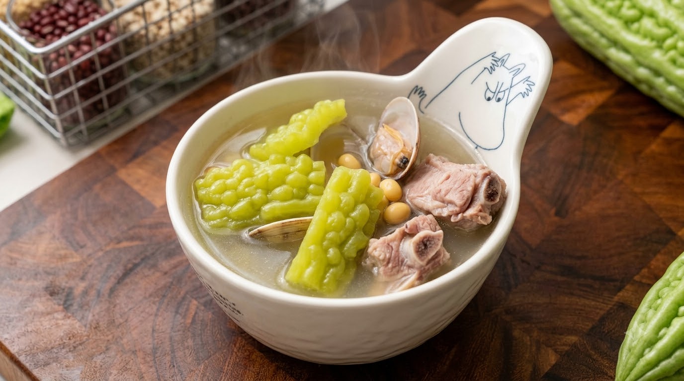 A bowl of bitter melon clam soybean pork rib soup featuring clear broth and fresh ingredients