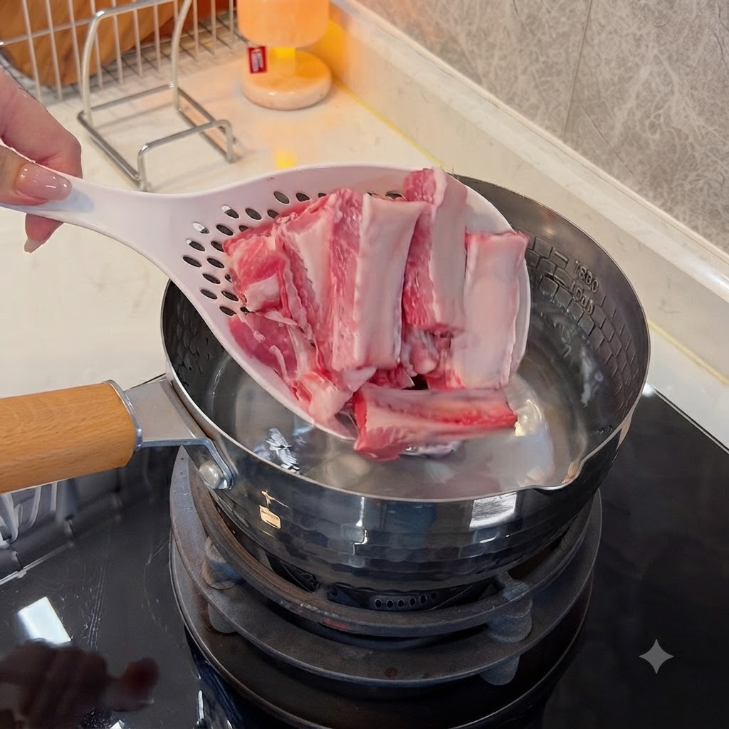 A slotted spoon lowering raw pork rib pieces into a stainless steel pot filled with cold water.
