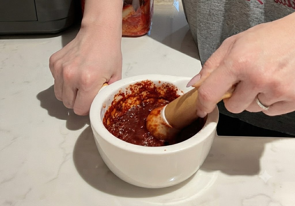 Pounding red chili and garlic paste in a white ceramic mortar with a wooden pestle.
