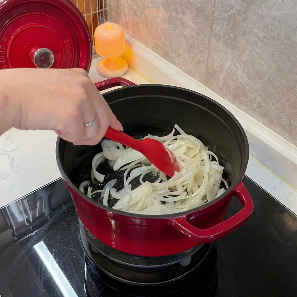 Stir-frying sliced white onions in a red cast-iron pot using a red silicone spatula.