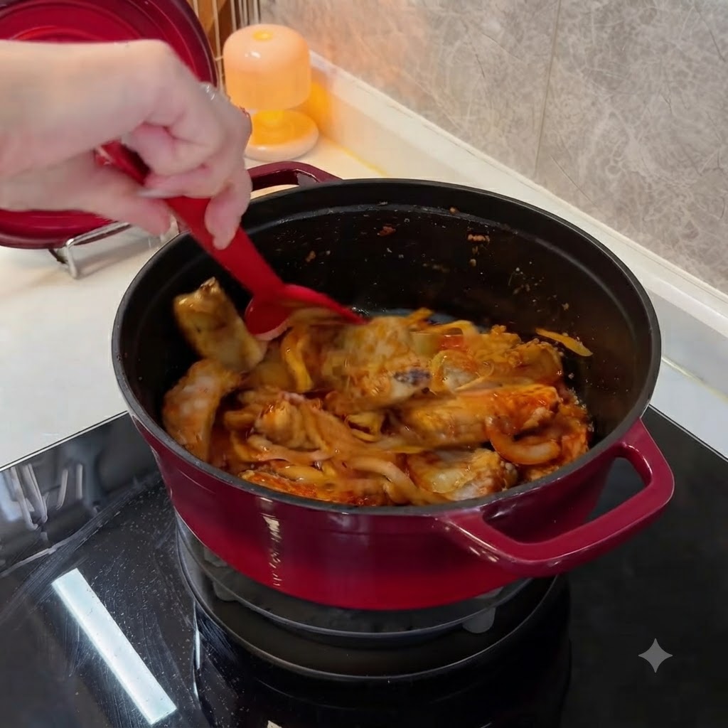 A red cooking pot on a stovetop with ribs and onions being mixed using a red silicone spatula.