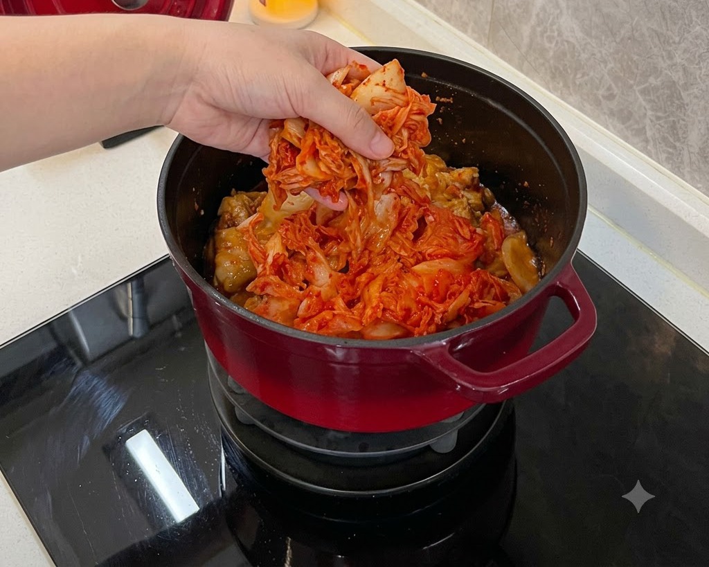 A hand placing a large pile of bright red fermented kimchi over pork ribs in a pot.