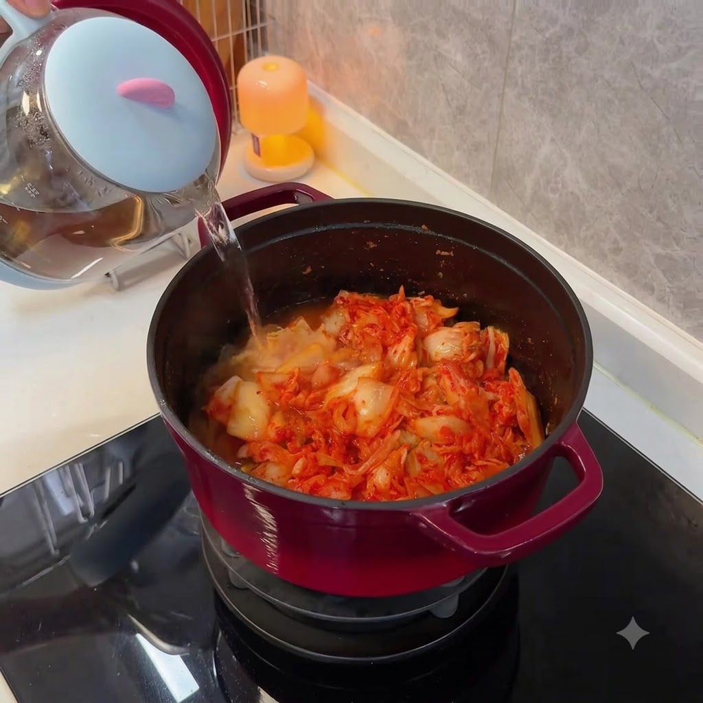 Pouring clear hot water from a glass kettle into a red pot filled with kimchi.