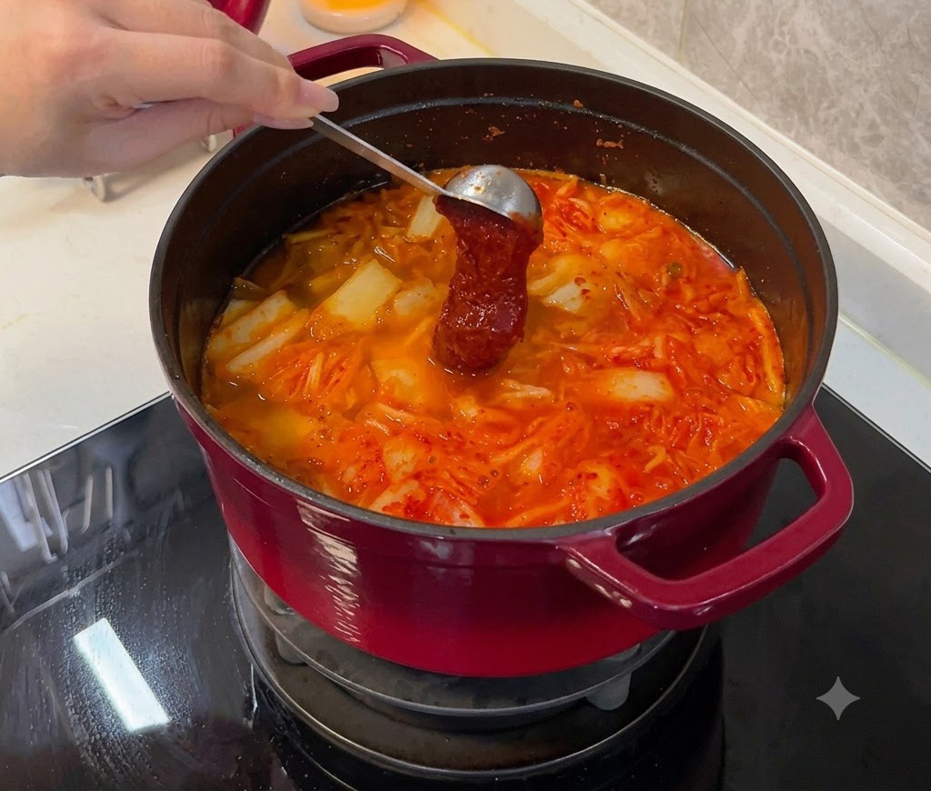 A spoon holding thick red gochujang being dipped into a bubbling pot of kimchi stew.