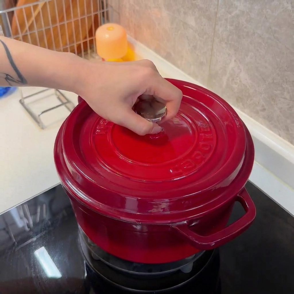 A person placing the lid onto a red cast iron pot resting on a black induction cooktop.