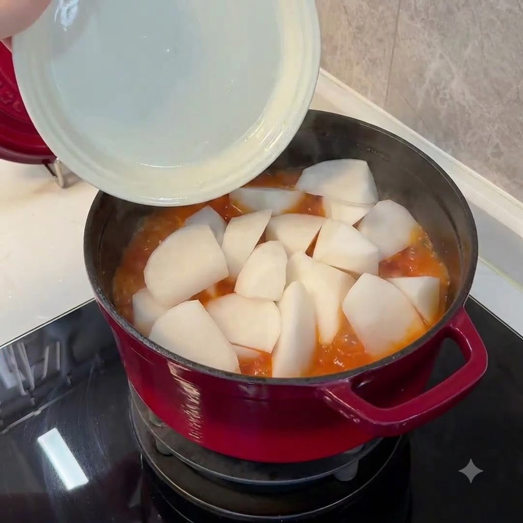 A white plate sliding thick chunks of white radish into a simmering red stew inside a red pot.