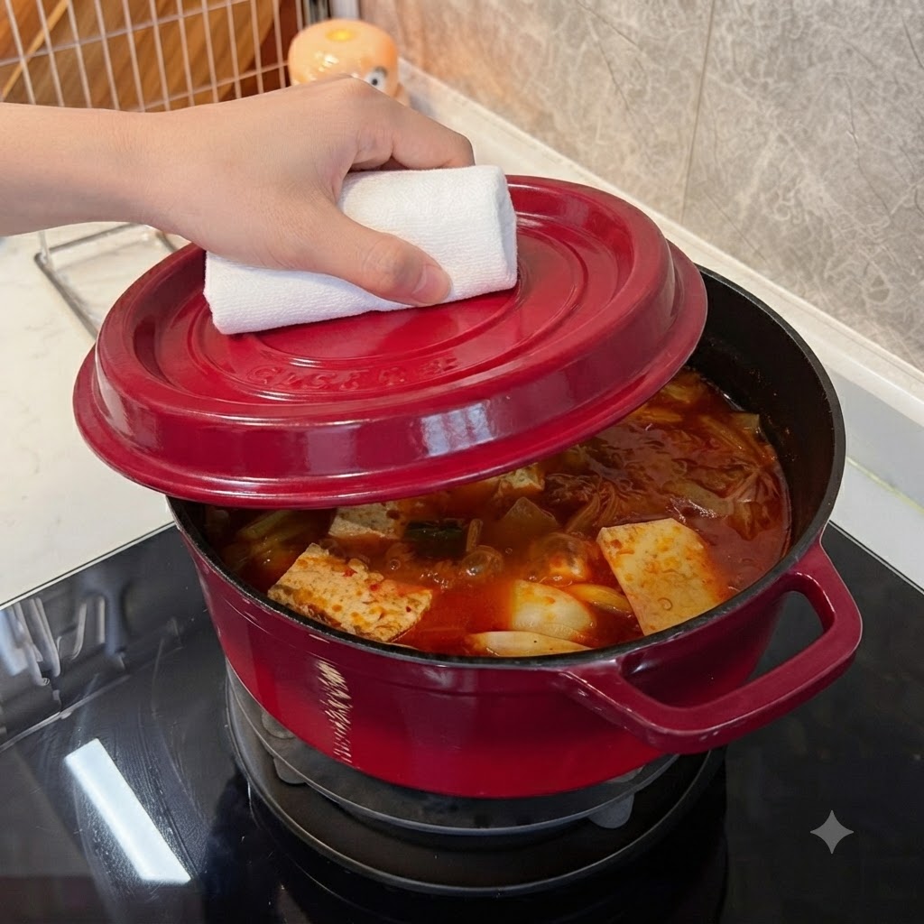 A hand holding a white kitchen towel while placing the lid back on a red pot filled with stew.