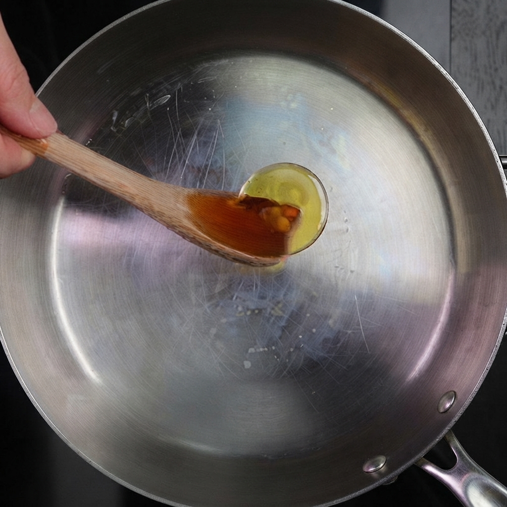 A hand holding a wooden spoon filled with golden oil, pouring it into an empty stainless steel pan.