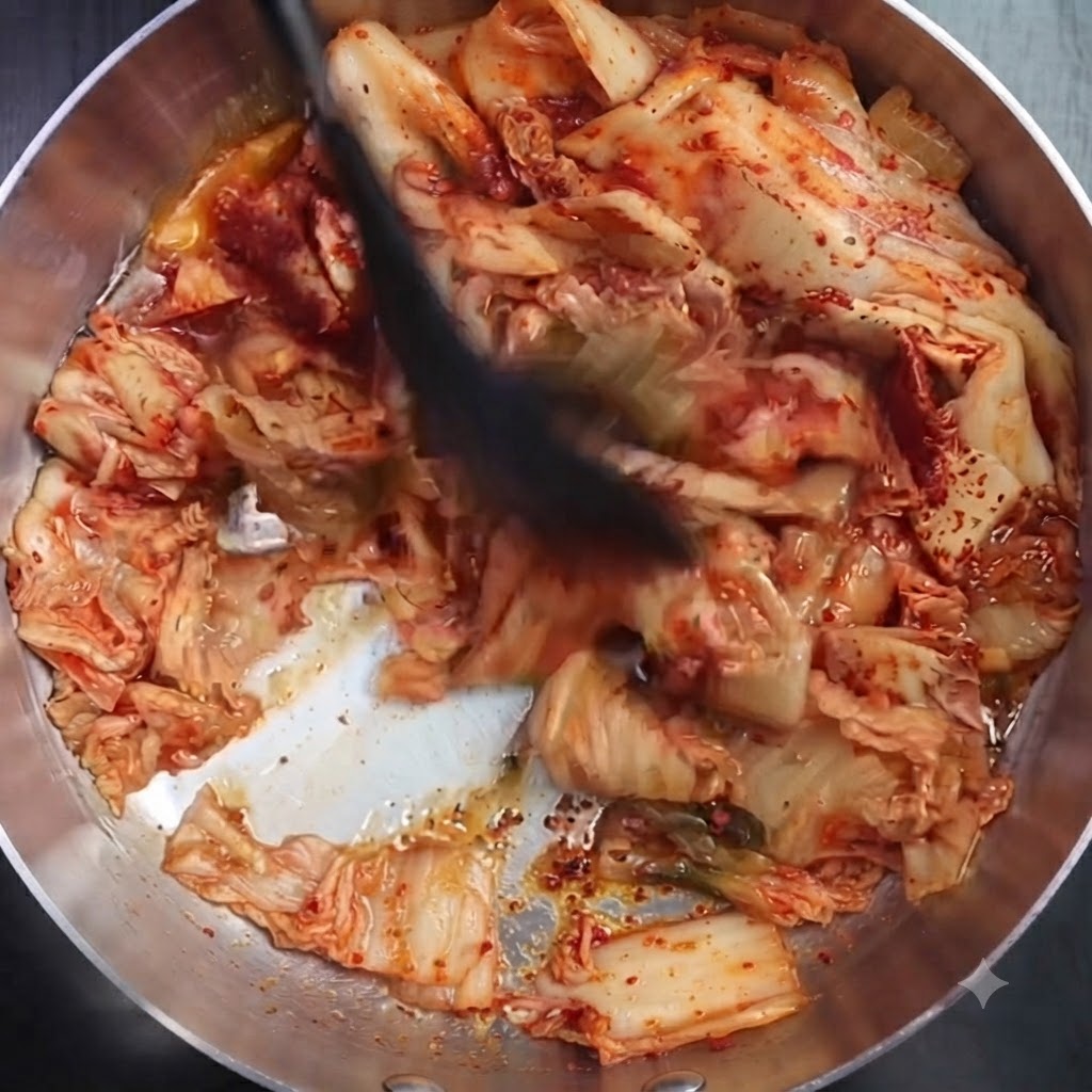 Kimchi and chili powder being stir-fried in a pot with a cooking utensil.