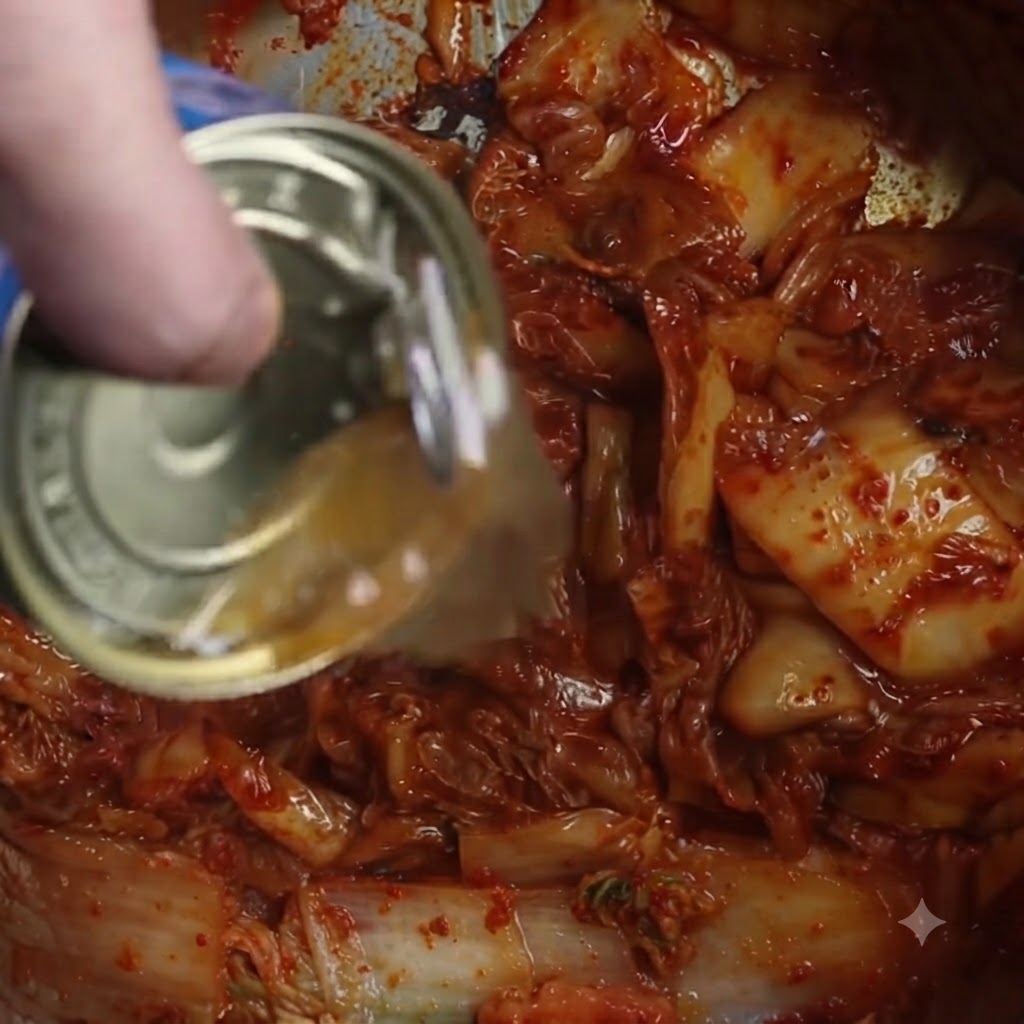 Liquid from a canned fish container being poured into a pot of cooked kimchi.