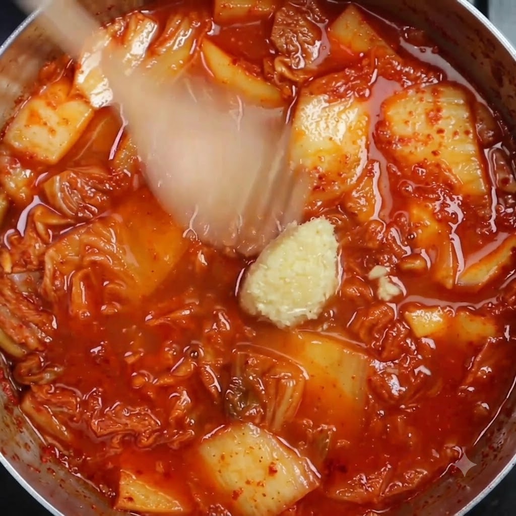 Minced garlic and liquid seasoning resting in a red simmering kimchi broth.