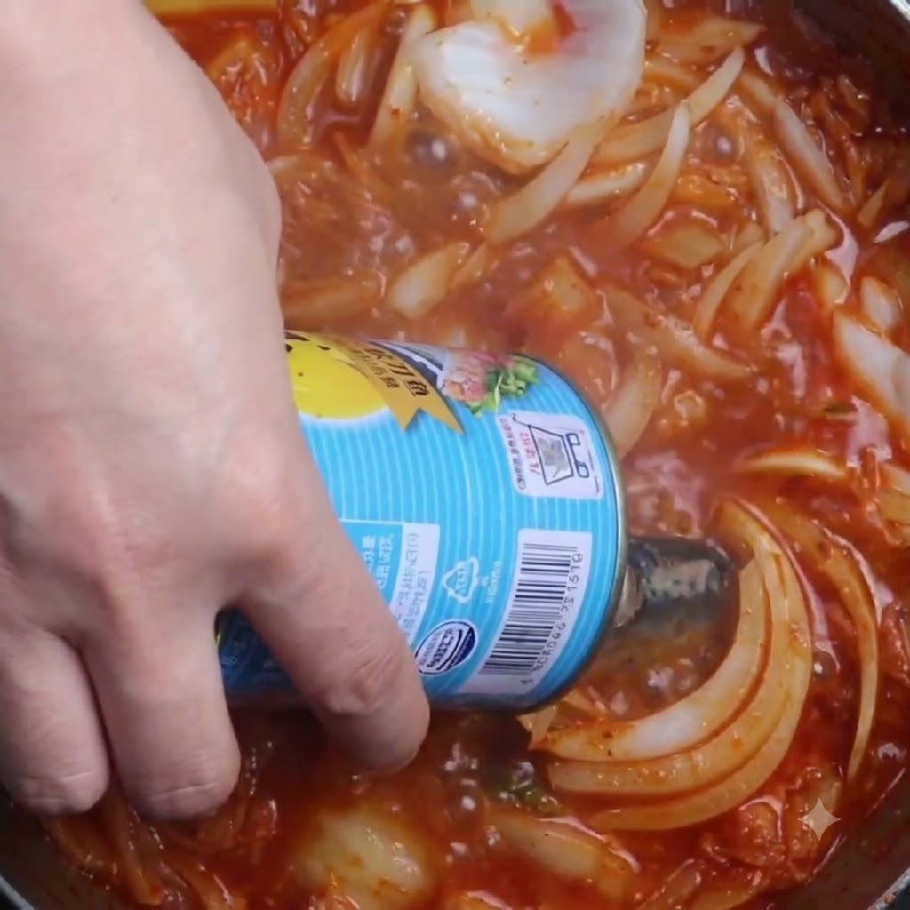 Saury fish being added from a can into a simmering pot of broth and onions.