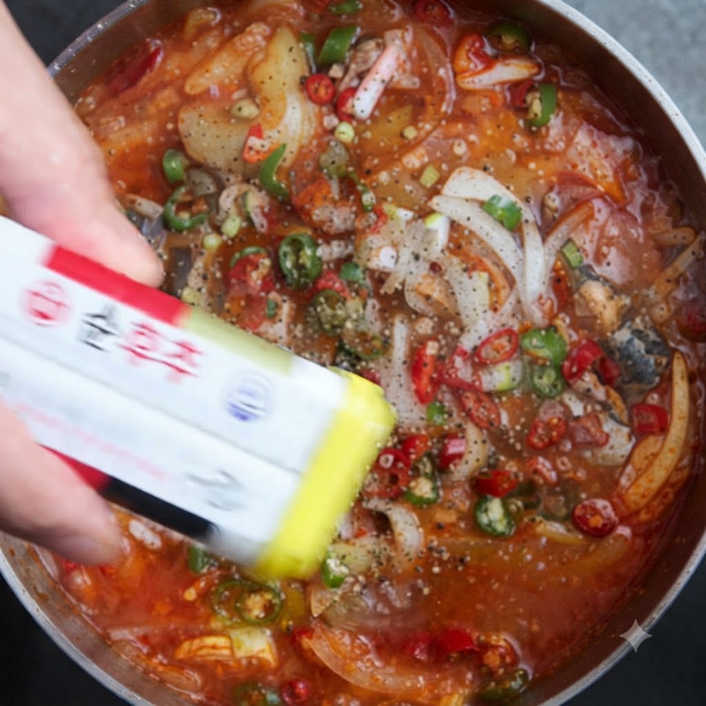 A hand shaking a yellow and white container to sprinkle pepper powder over a pot of braised saury stew.