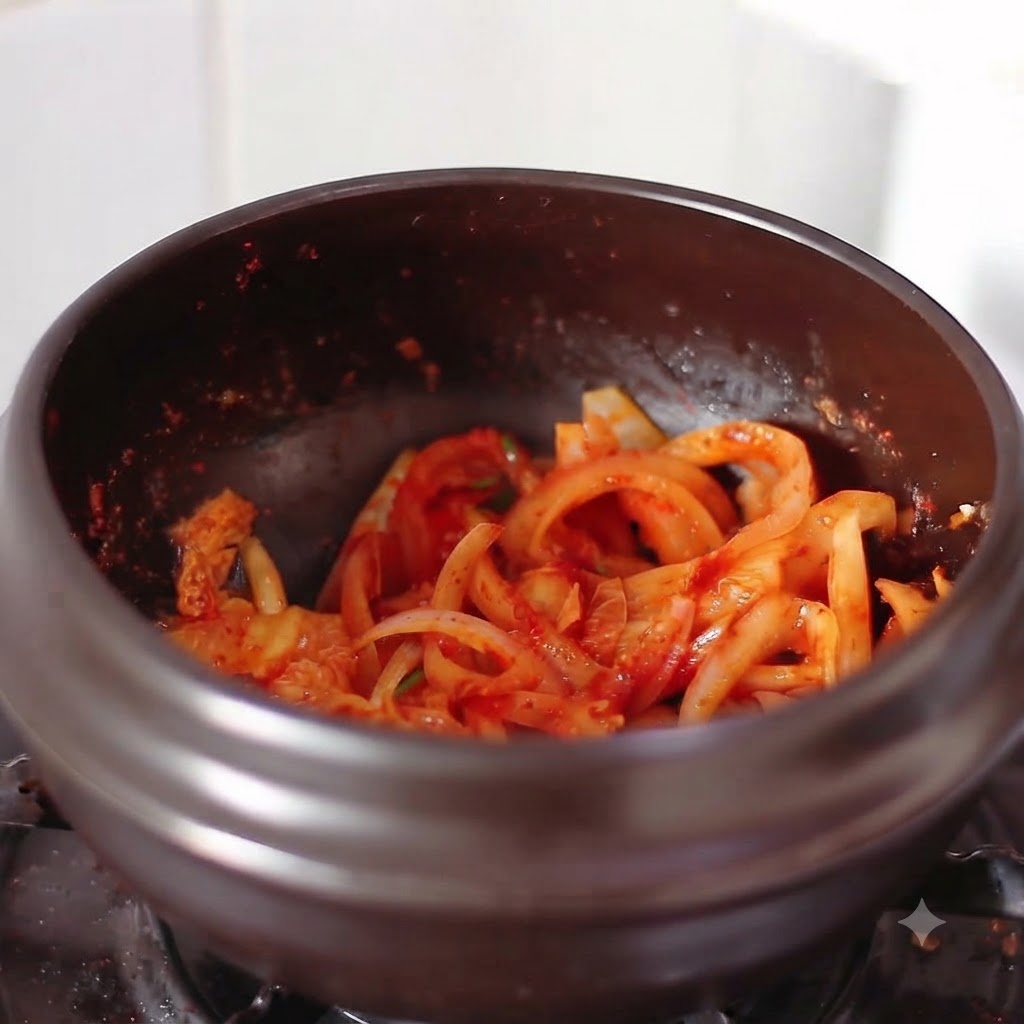 Stir-fried kimchi and onion mixture simmering inside the dark pot after adding liquids.