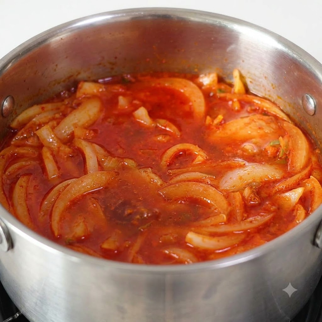 Tuna pieces mixed into a reddish soup base inside a cooking pot.